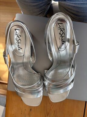Life Stride Silver Metallic Strappy Slingback Heels worn three times